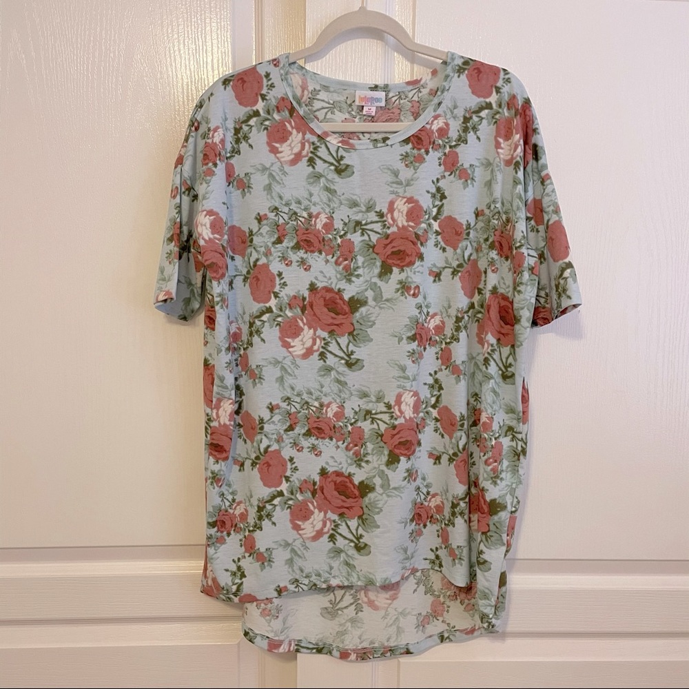 Lularoe size medium Irma tunic top light blue with roses floral print